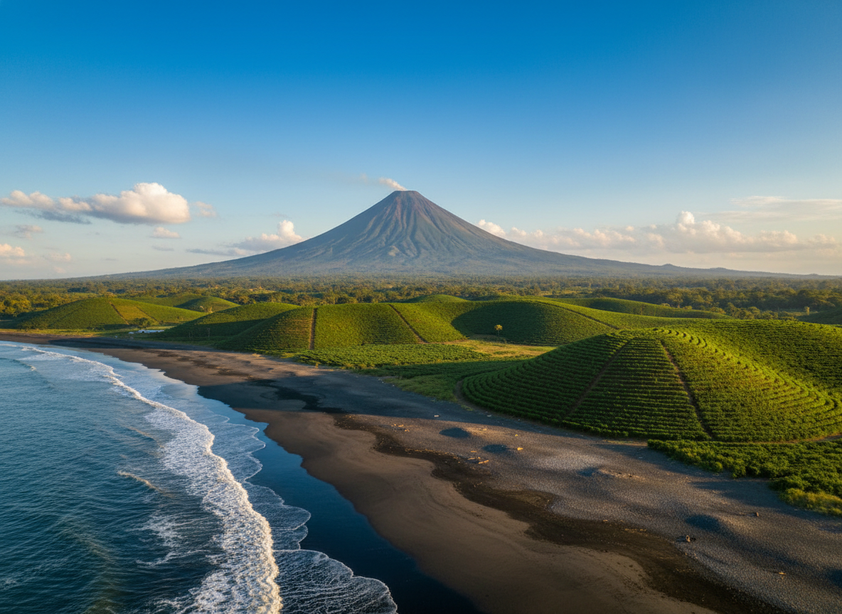 Wide panoramic photographic view of Nicaragua’s iconic landscapes blending together playfully: in the foreground, a rich black volcanic sand beach with small, foamy waves; in the midground, rolling emerald hills of coffee plantations with neat rows curving along the slopes; in the distance, a perfectly conical volcano with a faint plume against a bright blue sky dotted with puffy clouds. Golden hour sunlight bathes everything in warm tones, casting long, soft shadows and making the greens and blues pop. Shot from a slightly elevated angle with sharp focus throughout, creating an inviting, vibrant, travel-guide cover feel that is colorful, cheerful, and full of adventure, without any human presence.