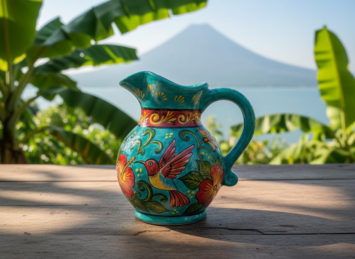 Photographic close-up of a traditional Nicaraguan ceramic “duende” style pitcher, hand-painted with playful turquoise, red, and yellow patterns inspired by local flora and fauna. The pitcher rests on a rustic wooden table in an open-air patio, surrounded by blurred hints of tropical plants, banana leaves, and a distant view of a calm lake and volcano ridge. Soft late-morning natural light filters through, forming dappled patterns on the table and gentle highlights on the glossy ceramic surface. Captured at eye level with a shallow depth of field, the background pleasantly blurred, the mood is warm, welcoming, and culturally rich, embodying the charm and color of Nicaraguan crafts for a travel guide context.