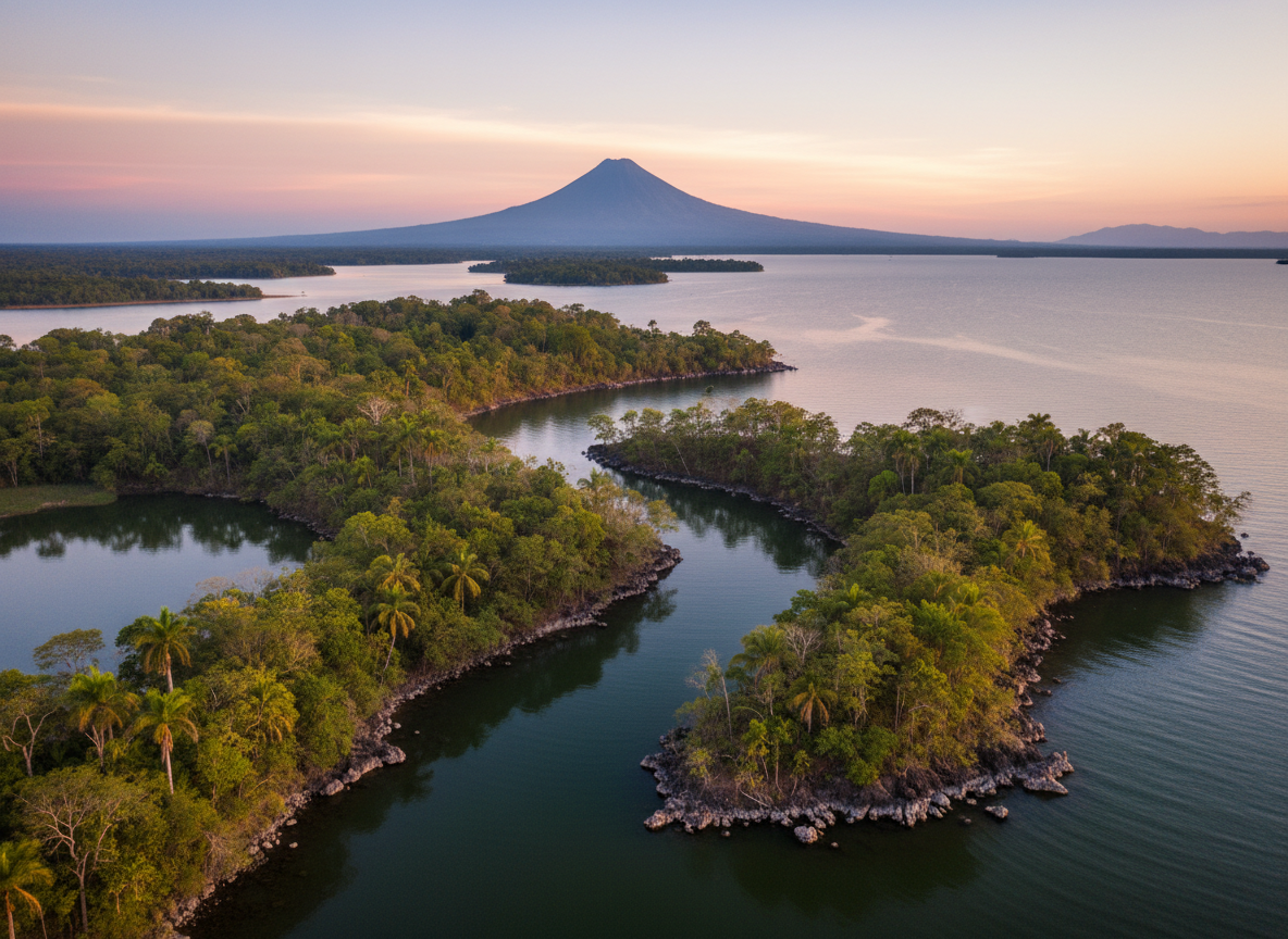Atmospheric photographic view of the islands of Lake Nicaragua from an elevated vantage, focusing on tranquil exploration. In the foreground, lush green islets with dense trees and rocky shores dot the calm, steel-blue water. A narrow channel winds between the islands, creating a natural leading line toward the distant silhouette of Mombacho volcano under a soft, pastel evening sky. The low, warm light of sunset paints gentle golden edges on the treetops and subtle reflections in the water. The composition uses a wide-angle lens with sharp focus throughout, emphasizing the peaceful expanse, while the overall mood is calm, slightly magical, and curious, encouraging lake and islet tourism in a clean, realistic, yet dreamy photographic style.