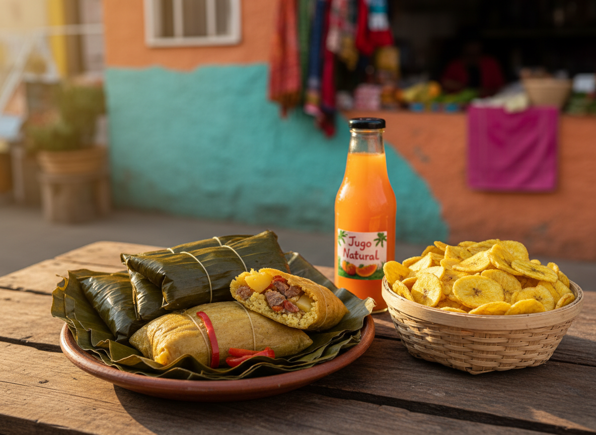 Photographic still life of a Nicaraguan street-food inspired spread arranged on a simple wooden table set against a blurred backdrop of a colorful market wall. In the foreground, a rustic clay plate holds golden-brown “nacatamales” wrapped in glossy green banana leaves, slightly opened to reveal masa and bright bits of vegetables. Nearby, a woven basket contains crispy plantain chips, and a glass bottle of natural fruit juice glows orange in the light. Late-afternoon sunlight streaks in from the side, creating warm highlights on the food and gentle shadows for depth. Shot from a three-quarter top-down angle with a shallow depth of field, the scene feels playful, inviting, and authentically local, perfect for a Nicaragua travel guide section on flavors and gastronomy without showing any people.